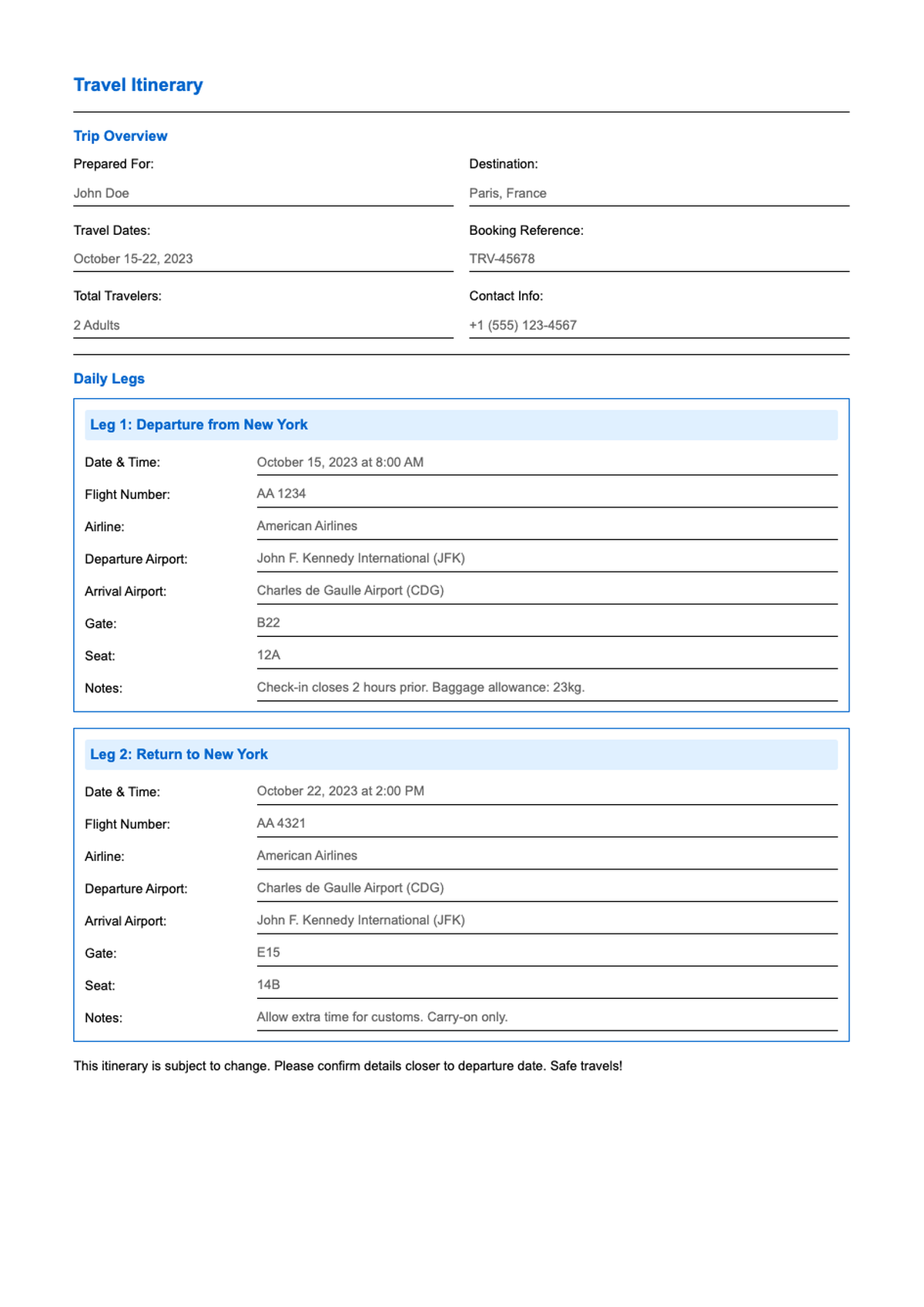 Travel itinerary template with flight hotel event sections and printable format_variant_3
